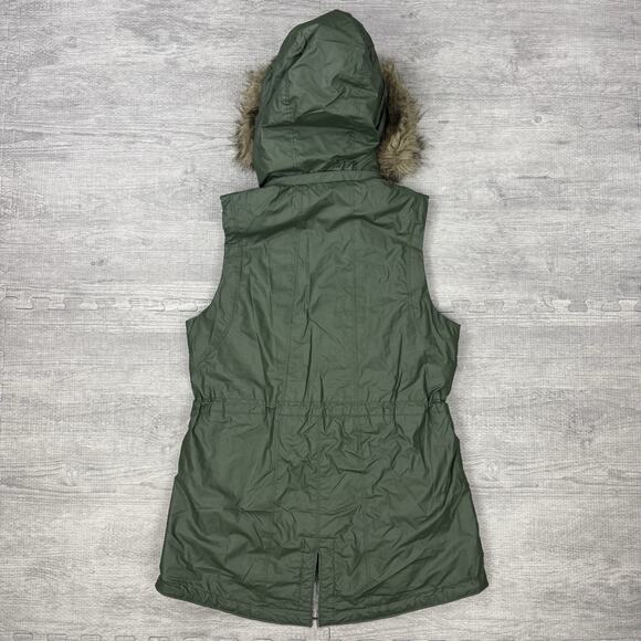 Athleta Green Alpine Air Vest Faux Fur Removable Hood Zip Pockets Sz Small EUC - Picture 2 of 7